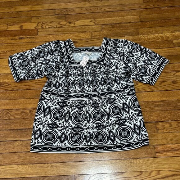dressbarn Tops - Dressbarn Yvos Womens Tunic Top Blouse Size 14/16 Black White Stretch Shirt NWT
